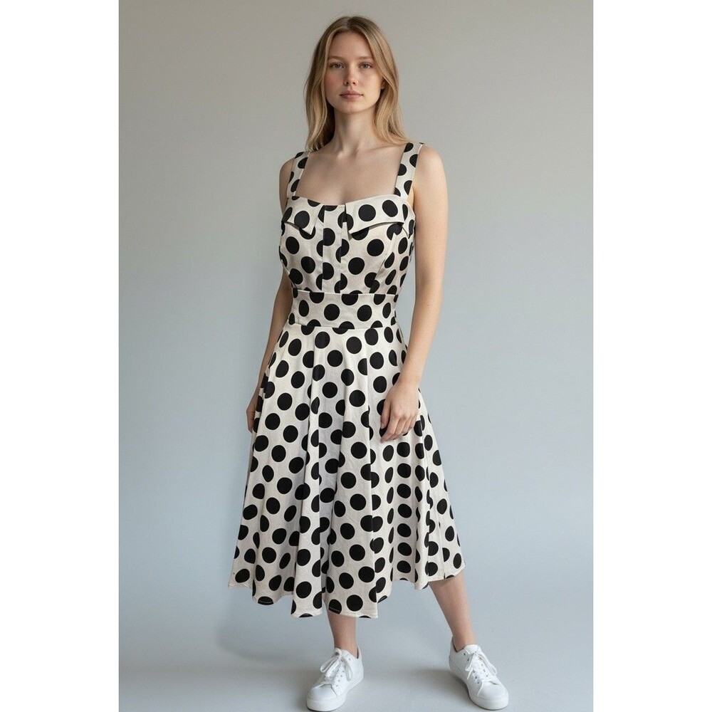 Chetta B Polka Dot Fit Flare Dress Size 8 Blue Sweetheart Retro 50s Rockabilly